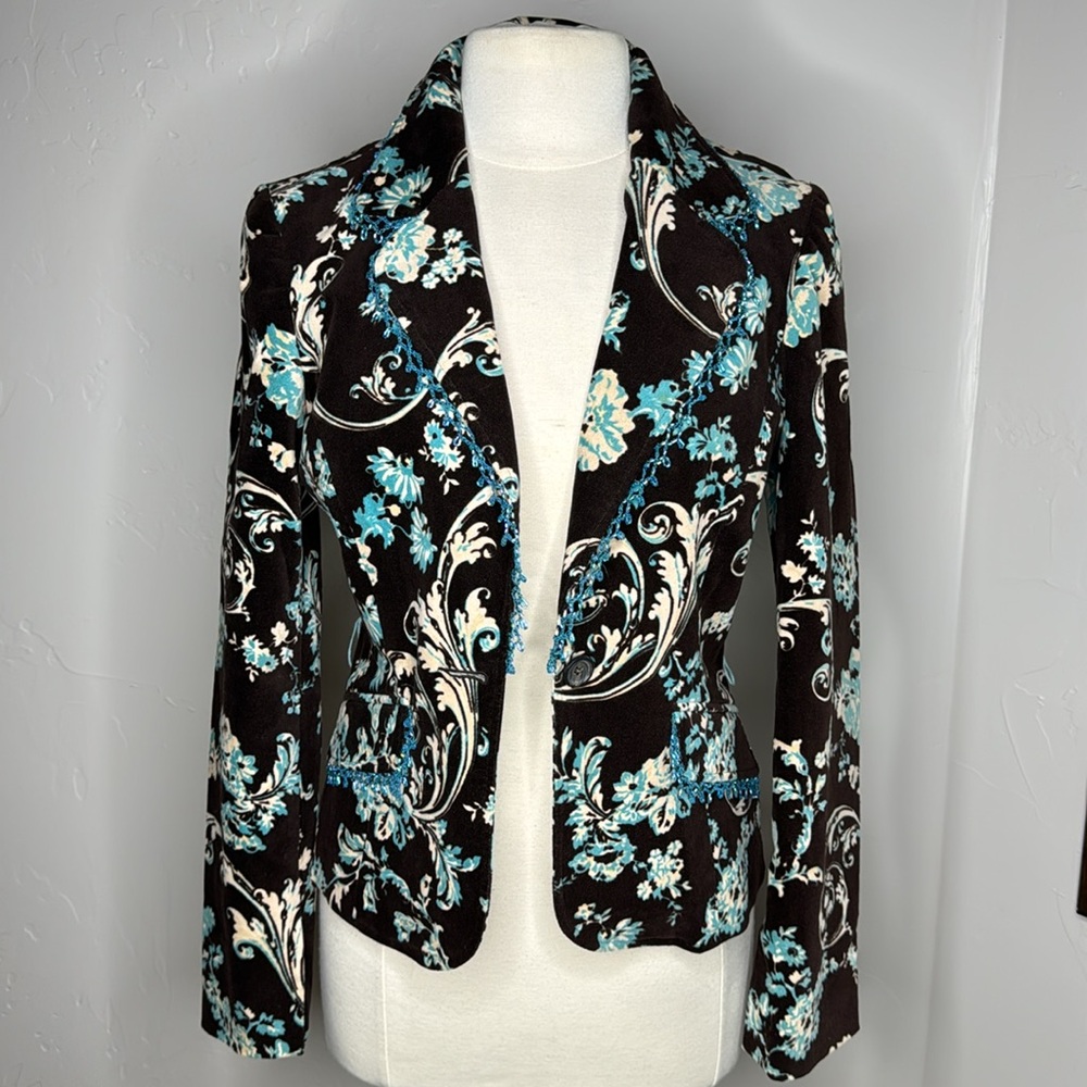 Karen Kane Lifestyle Brown & Turquoise  Blazer with Hanging Beaded Trim